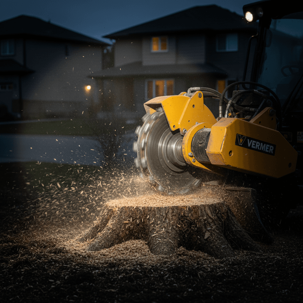 Stump grinder removing tree stump from residential property