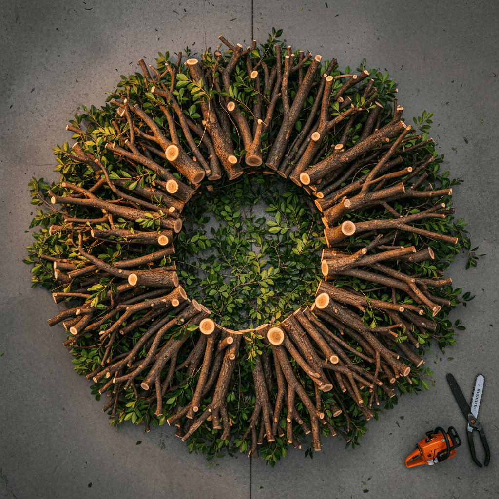 Pruned branches arranged on ground showing volume of material removed