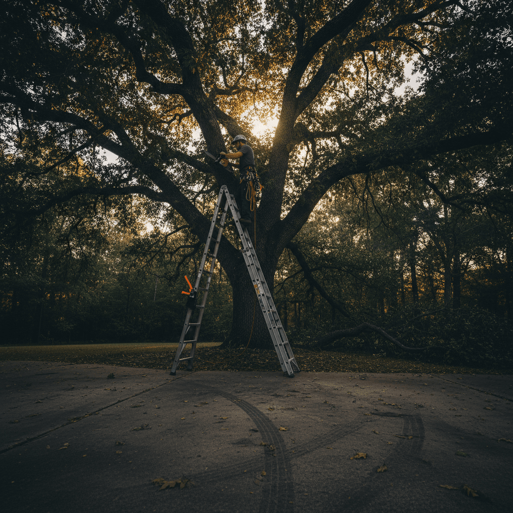 Arborist on ladder pruning lower branches from a mature tree for clearance