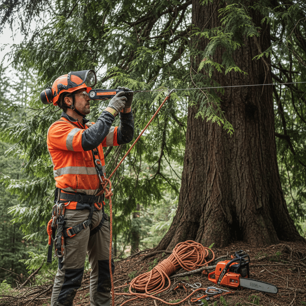 Arborist assessing tree height and safety before removal