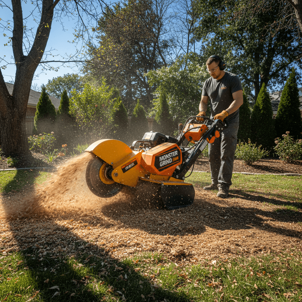 Stump grinder removing remaining tree stump