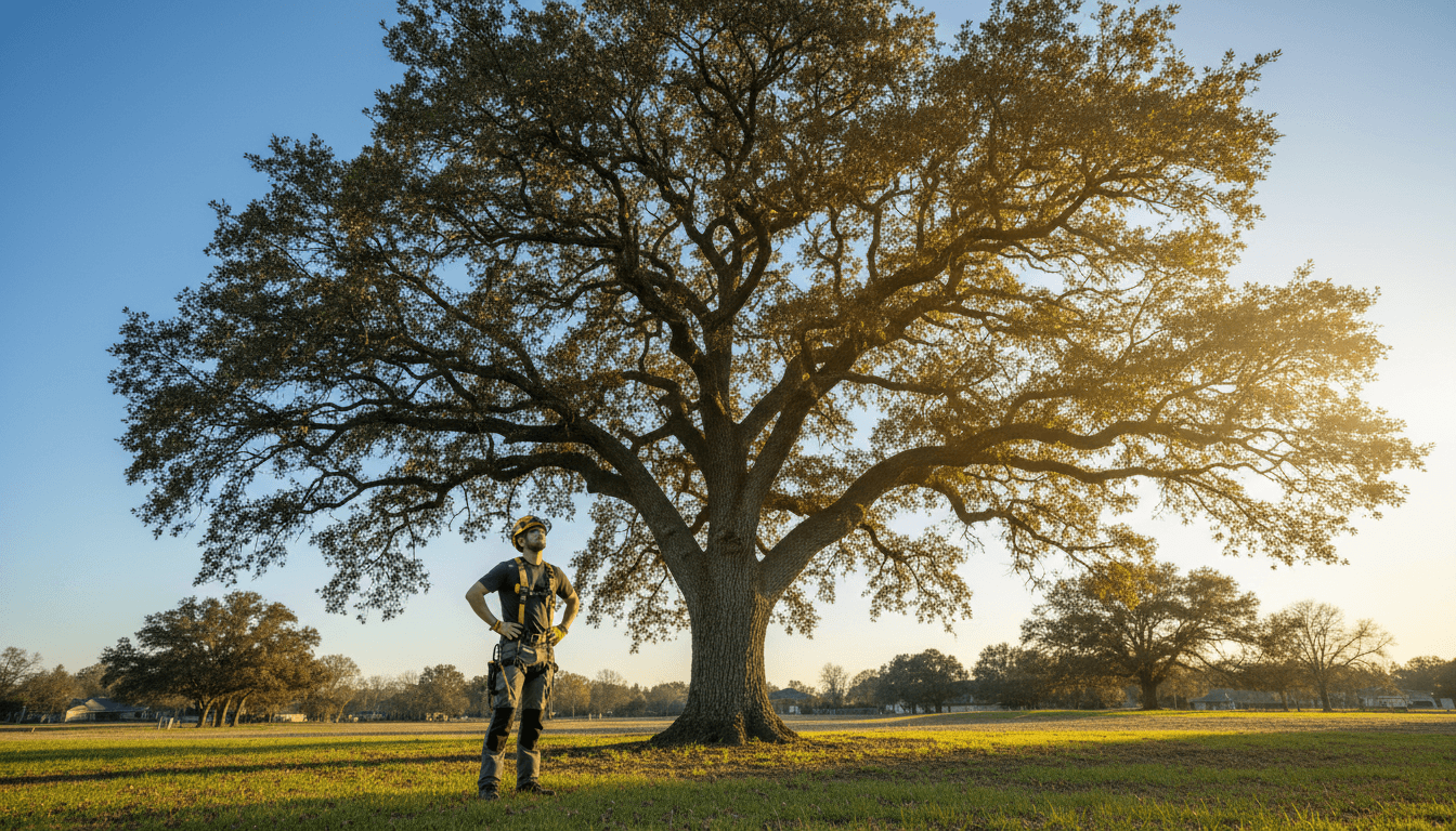 Professional arborist assessing a large mature tree in Penticton, BC for tree service work