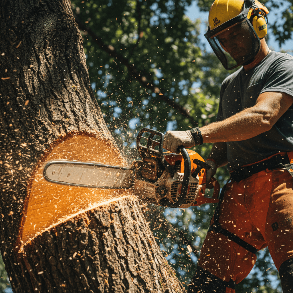 Professional chainsaw cutting through tree section