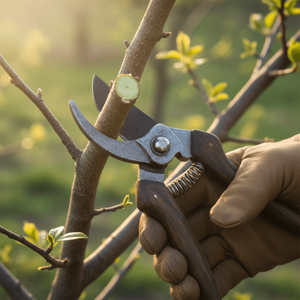 Close-up of professional pruning shears cutting a tree branch with precision