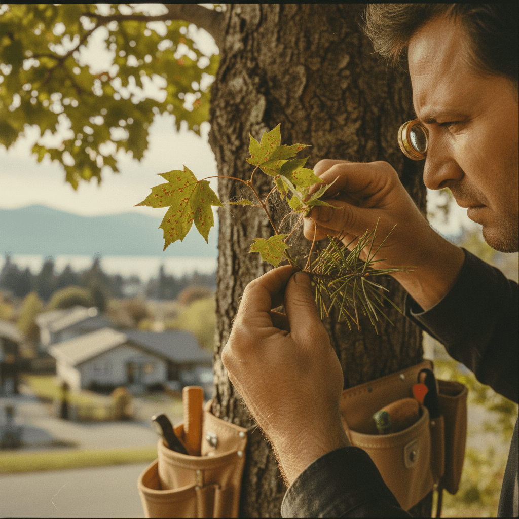 Close-up inspection of tree foliage for disease and pest damage