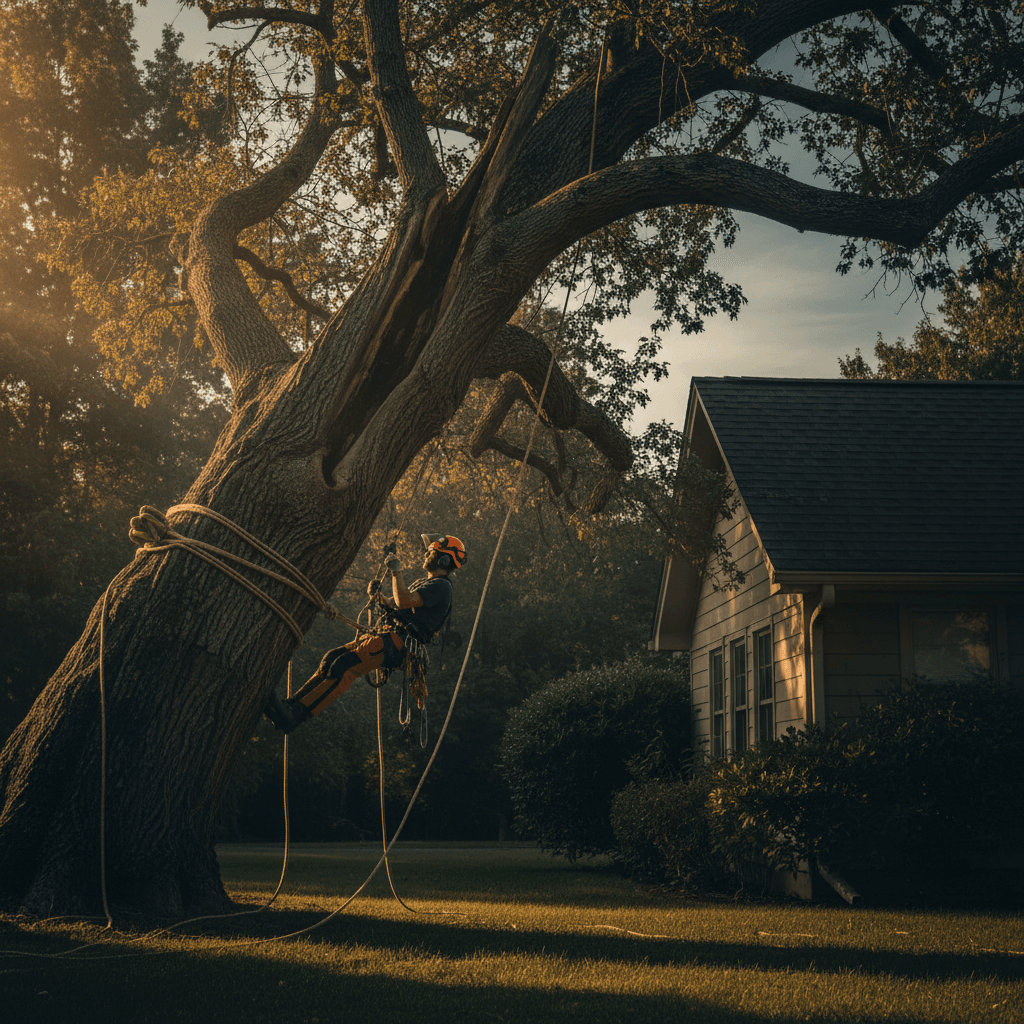 Arborist removing hazard tree leaning toward house