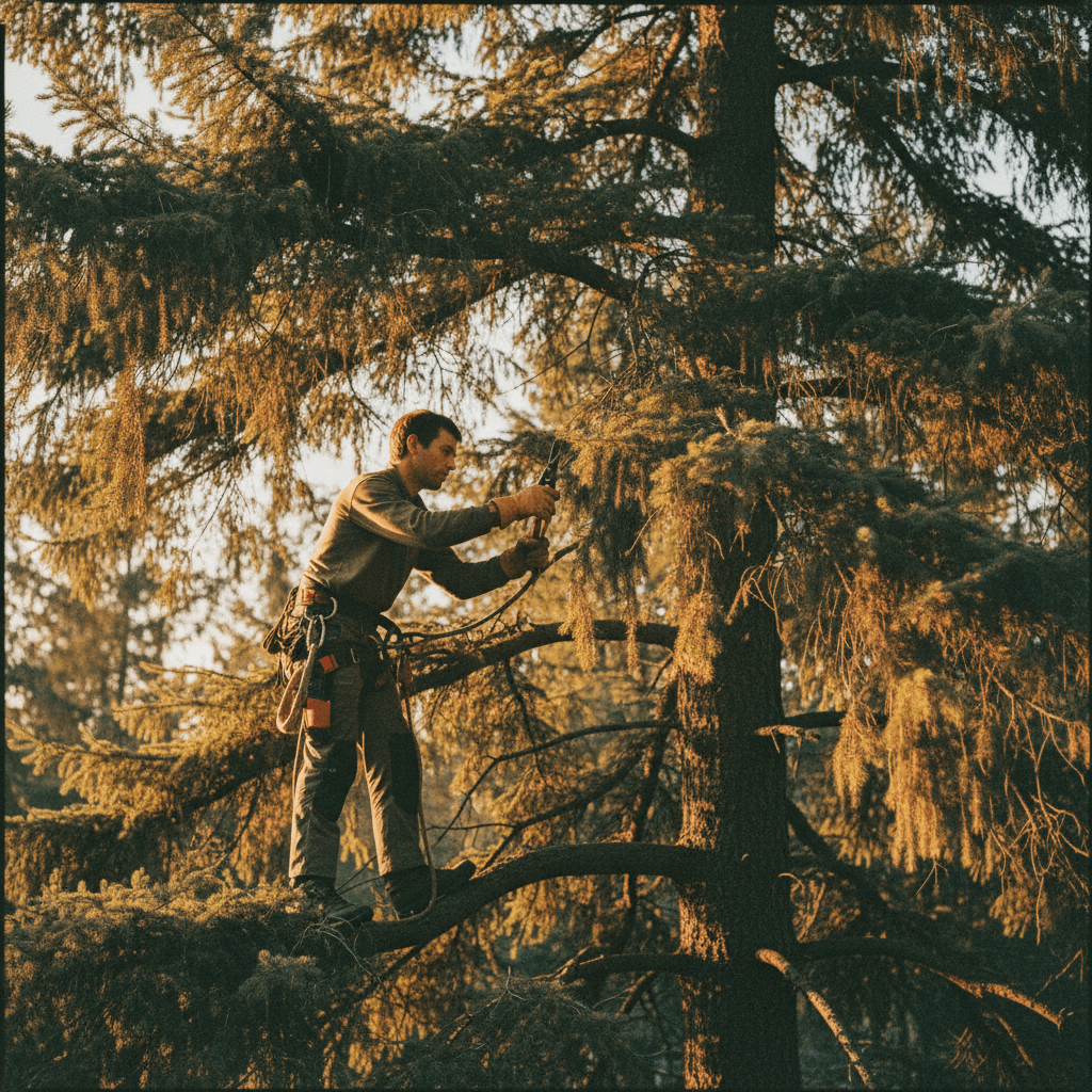 Arborist using hand pruners to shape coniferous tree canopy