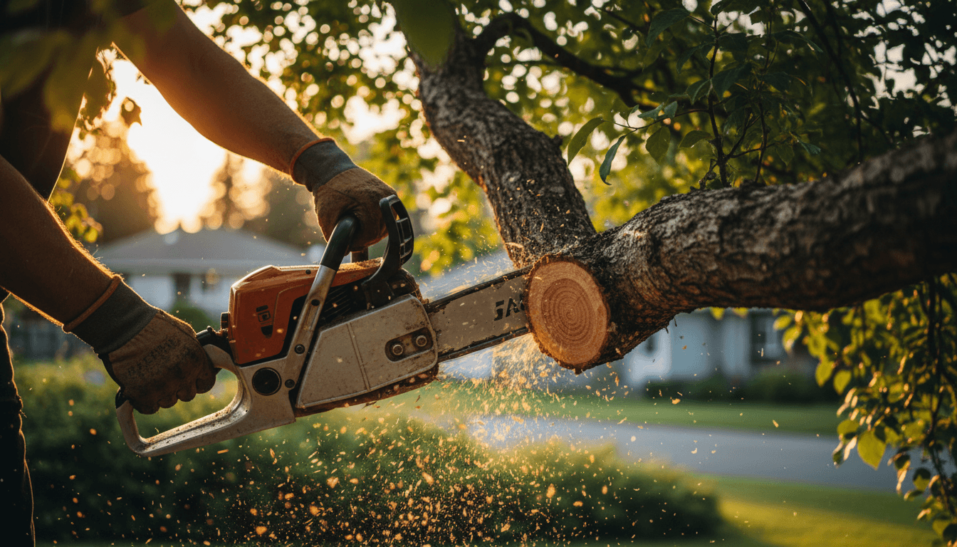 Arborist professionally cutting a tree branch with a chainsaw in Penticton