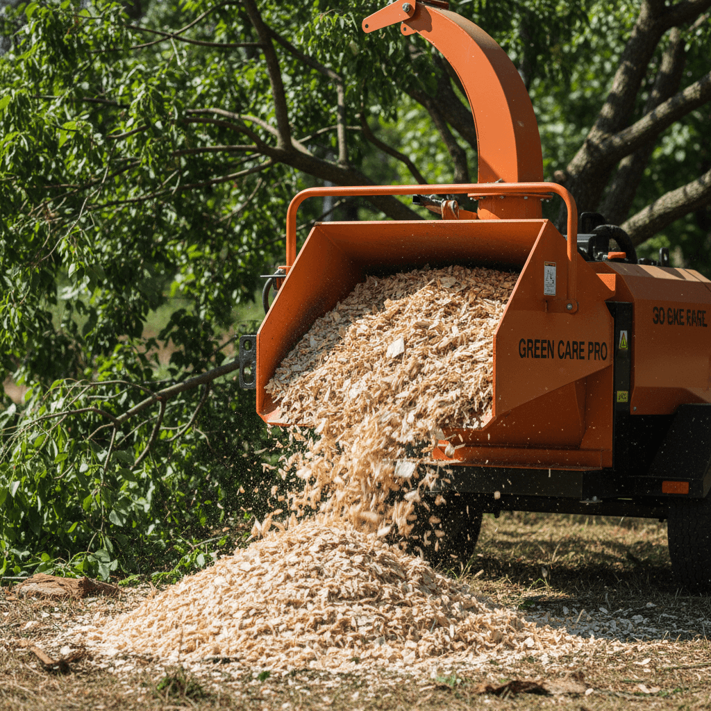 Orange Green Care Pro wood chipper discharging wood chips onto a large pile outdoors.