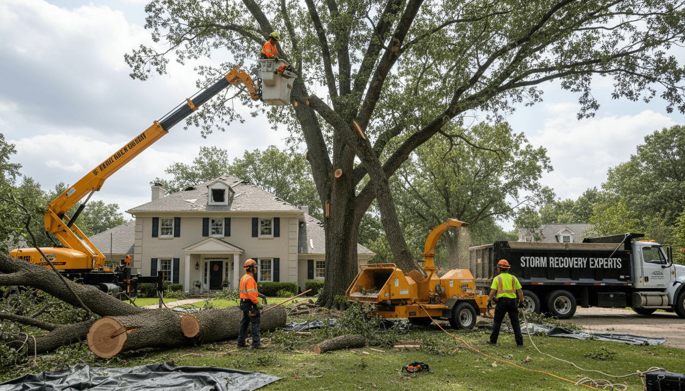 Professional arborist team conducting active tree removal using bucket lift truck and safety equipment during storm cleanup operation